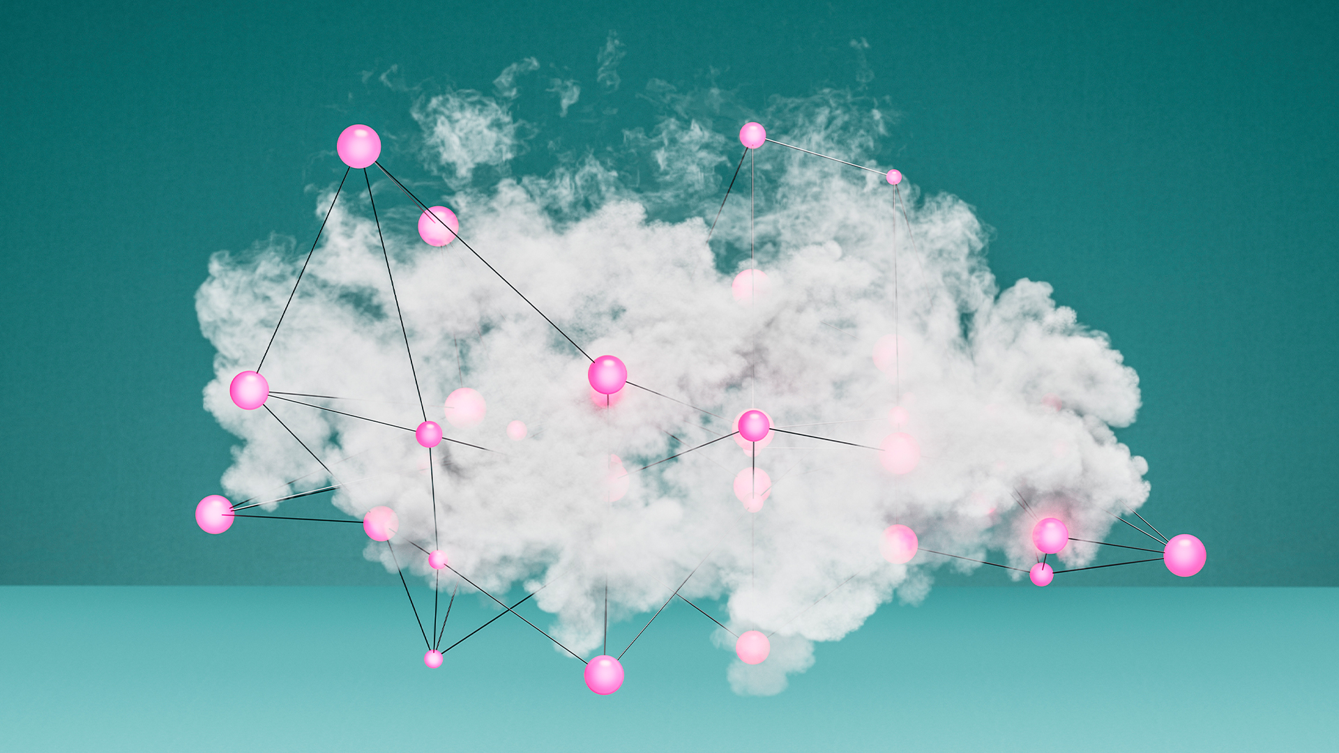 Cloud computing concept image showing a cloud with interconnected pink-colored data points.