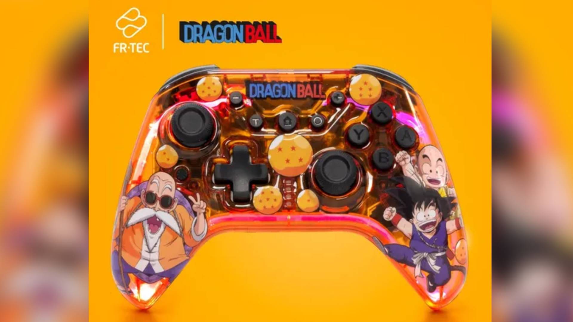 Image of the Dragon Ball Kame Nintendo Switch controller by FR TEC, featuring art of Master Roshi, and young Goku and Krillin.