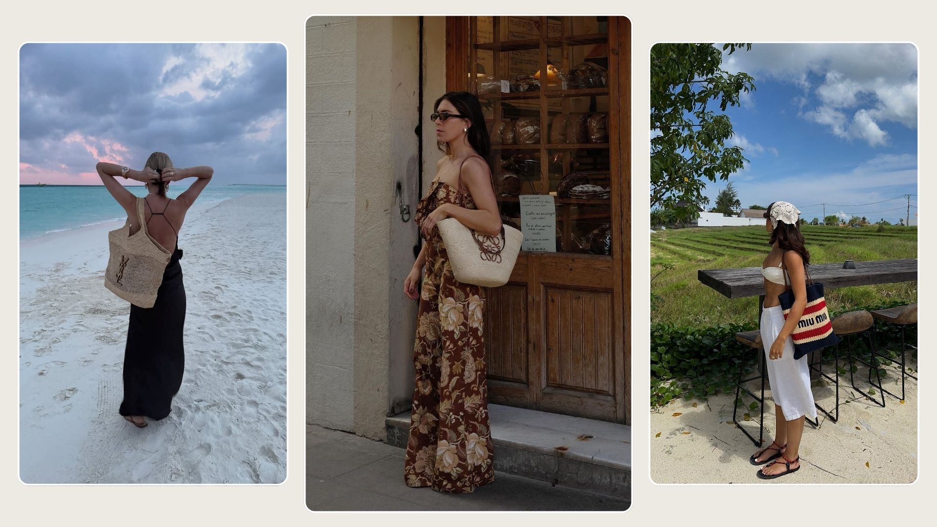 Three women carry designer summer bags