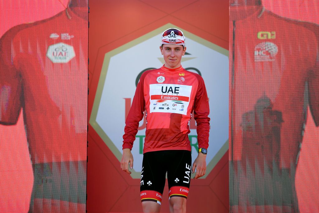 Tadej Pogacar in the UAE Tour leader&#039;s red jersey