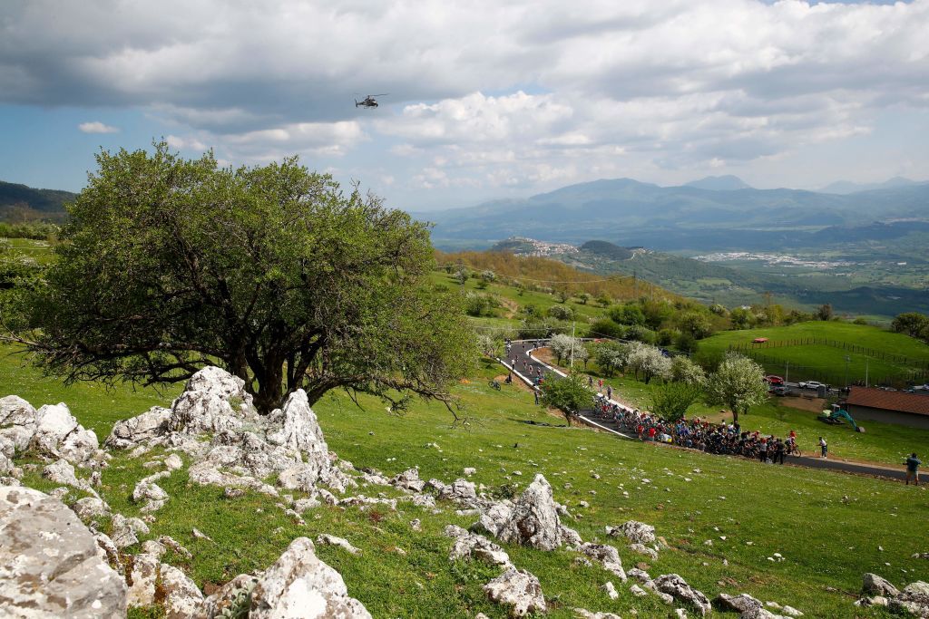 The pack rides during the 7th stage of the Giro dItalia 2022 cycling race 196 kilometers between Diamante and Potenza southwestern Italy Photo by Luca Bettini AFP Photo by LUCA BETTINIAFP via Getty Images