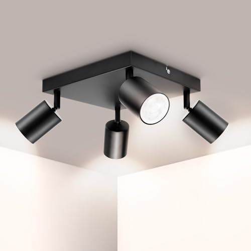 Ketom Adjustable 4 Way Ceiling Spotlight Fitting, Gu10 Led Ceiling Light Rotatable, Modern Black Metal Square Ceiling Spotlight for Kitchen Bedroom Living Room, Gu10 Bulb Base, Bulb Not Included