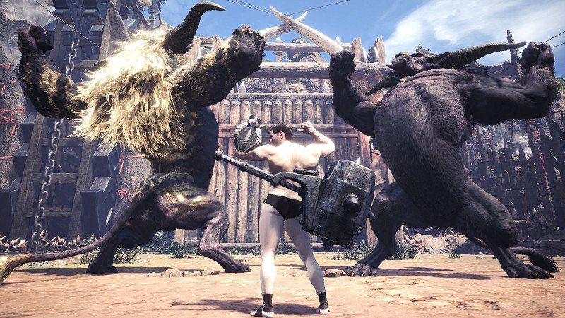 Nearly nude Hunter vs two Rajang