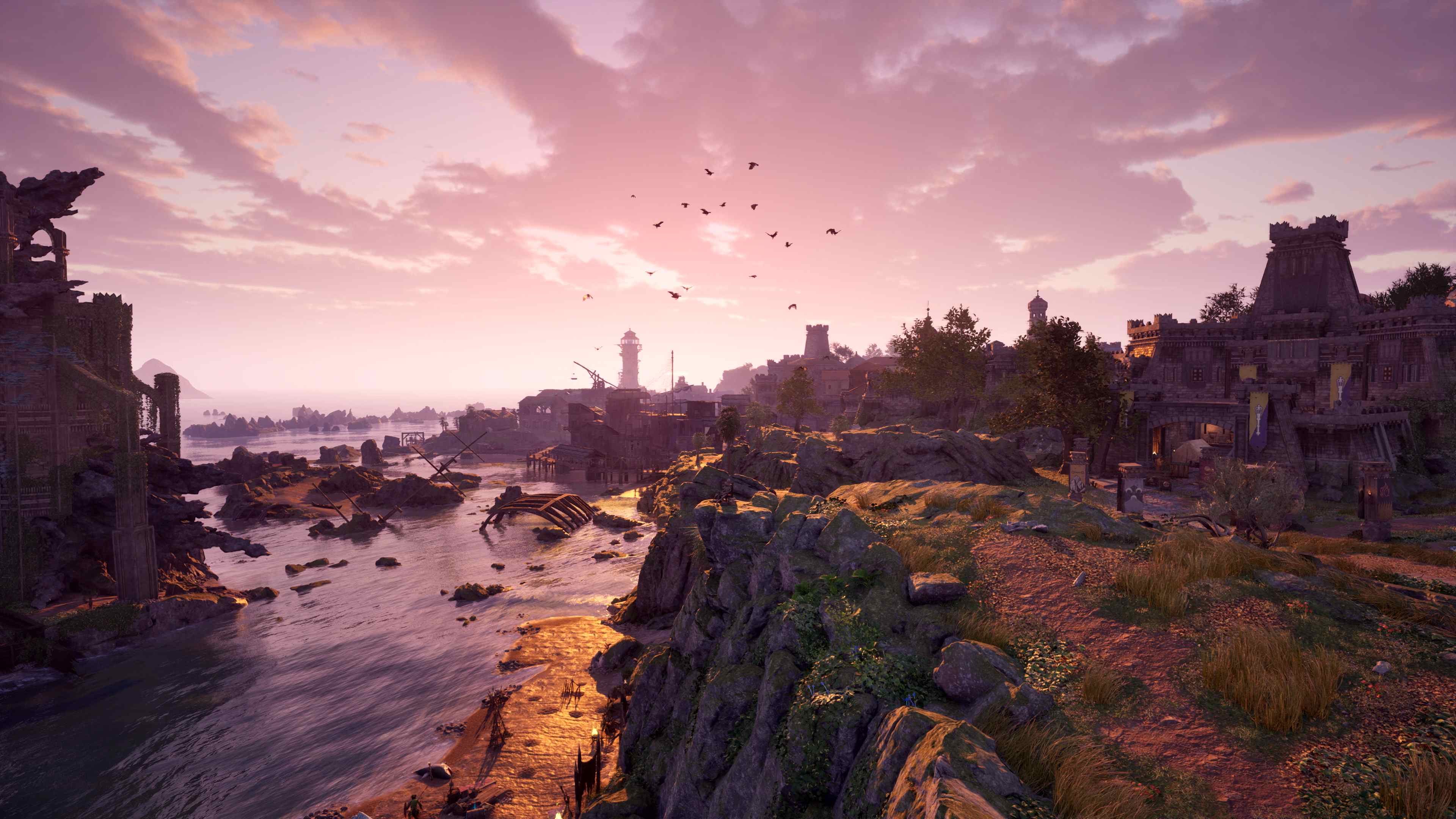 Screenshot of Avowed with a tributary running into the ocean and a city in the distance.