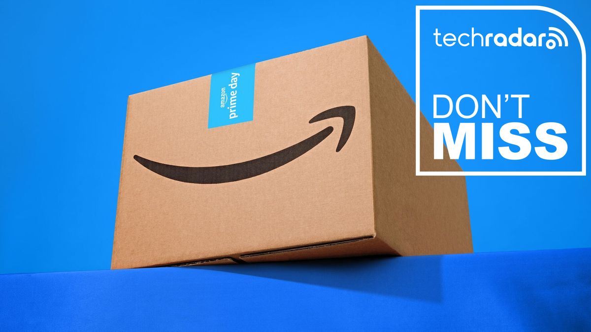 An Amazon cardboard box on a blue background with a TechRadar deals logo reading Don&#039;t Miss