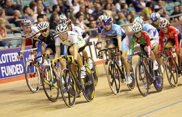 Tess Downing (Australia) on the front of the bunch in her qualifying heat of the women's points race