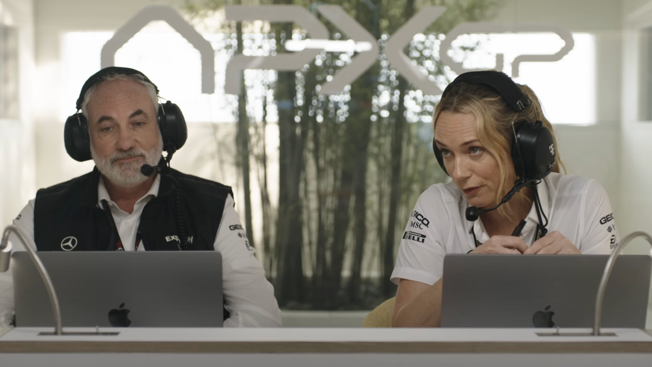 Kim Bodnia and Kerry Condon sit at their laptops during a race meeting in F1