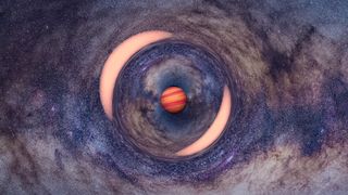 an illustration of a brown-and-red-striped planet on a starry background