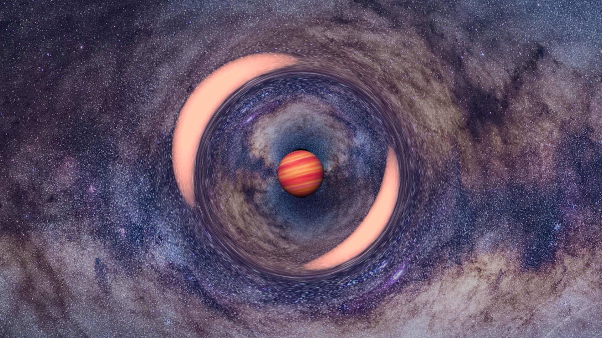 an illustration of a brown-and-red-striped planet on a starry background