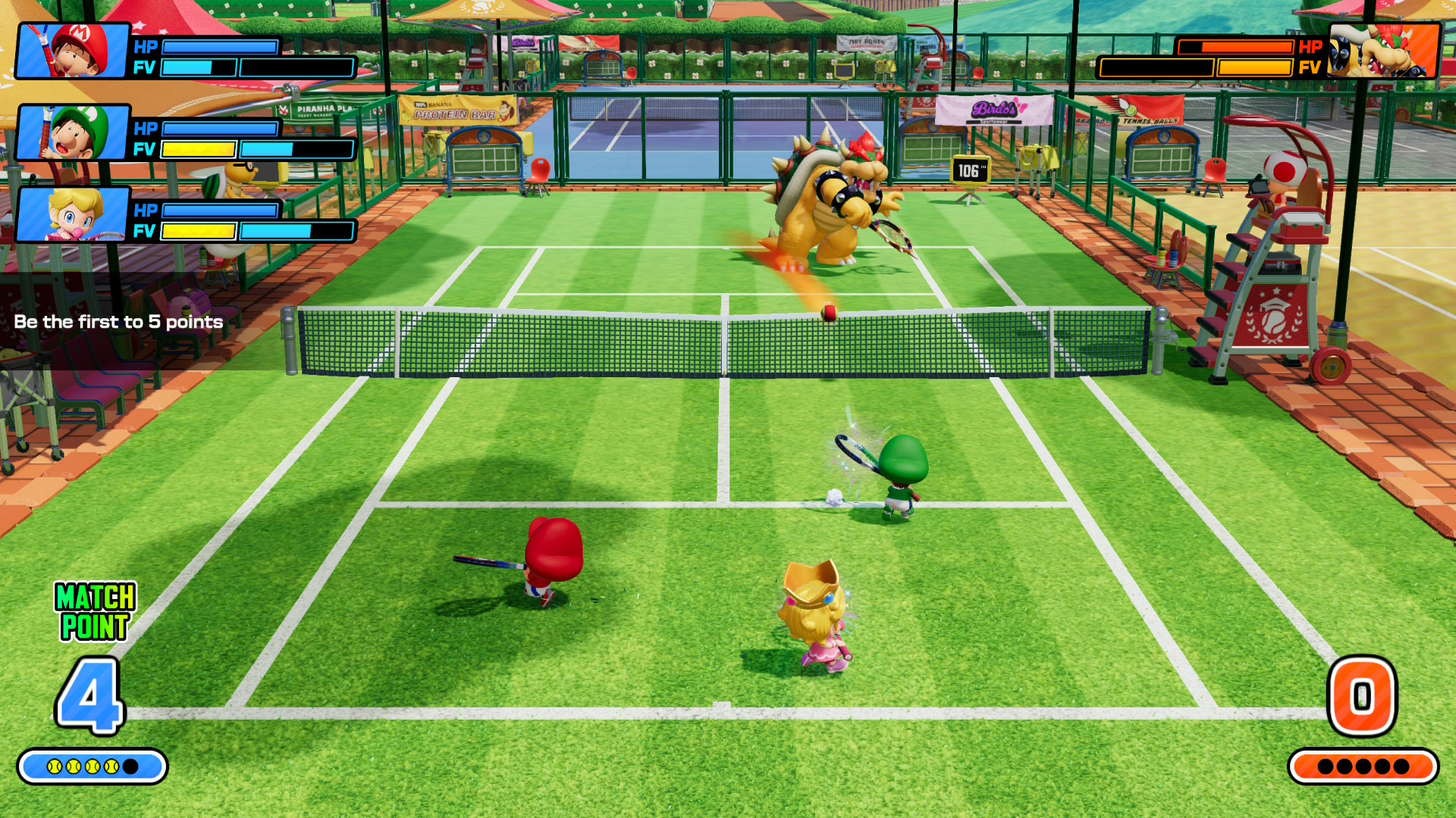 A screenshot from Mario Tennis Fever showing full-court action