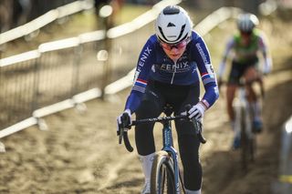 Dutch Puck Pieterse competes during the women's elite race at the Vlaamse Duinencross cycling event, stage 6 (out of 8) of the X2O Trofee cyclocross competition, in Koksijde, Belgium, on January 3, 2025. (Photo by DAVID PINTENS / Belga / AFP) / Belgium OUT