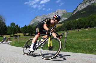 SAINTGERVAIS MONTBLANC FRANCE JULY 16 Wout Van Aert of Belgium and Team JumboVisma competes climbing down the Col de la Forclaz de Montmin 1149m during the stage fifteen of the 110th Tour de France 2023 a 179km stage from Les Gets les Portes du Soleil to SaintGervais MontBlanc 1379m UCIWT on July 16 2023 in SaintGervais MontBlanc France Photo by David RamosGetty Images