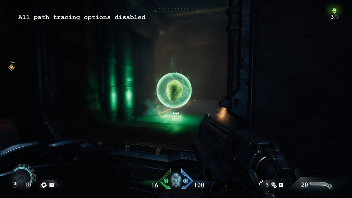 A screenshot of the PC version of Doom: The Dark Ages, showing the visual impact of using standard ray tracing