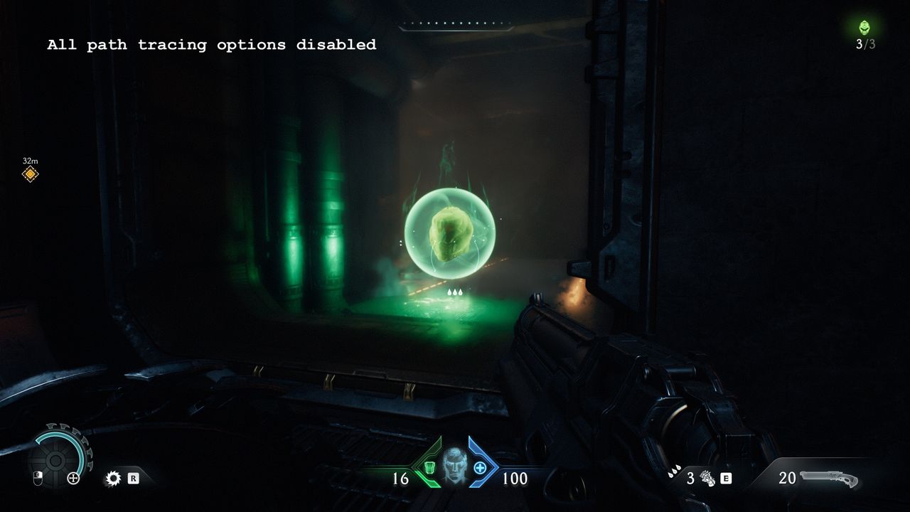 A screenshot of the PC version of Doom: The Dark Ages, showing the visual impact of using standard ray tracing
