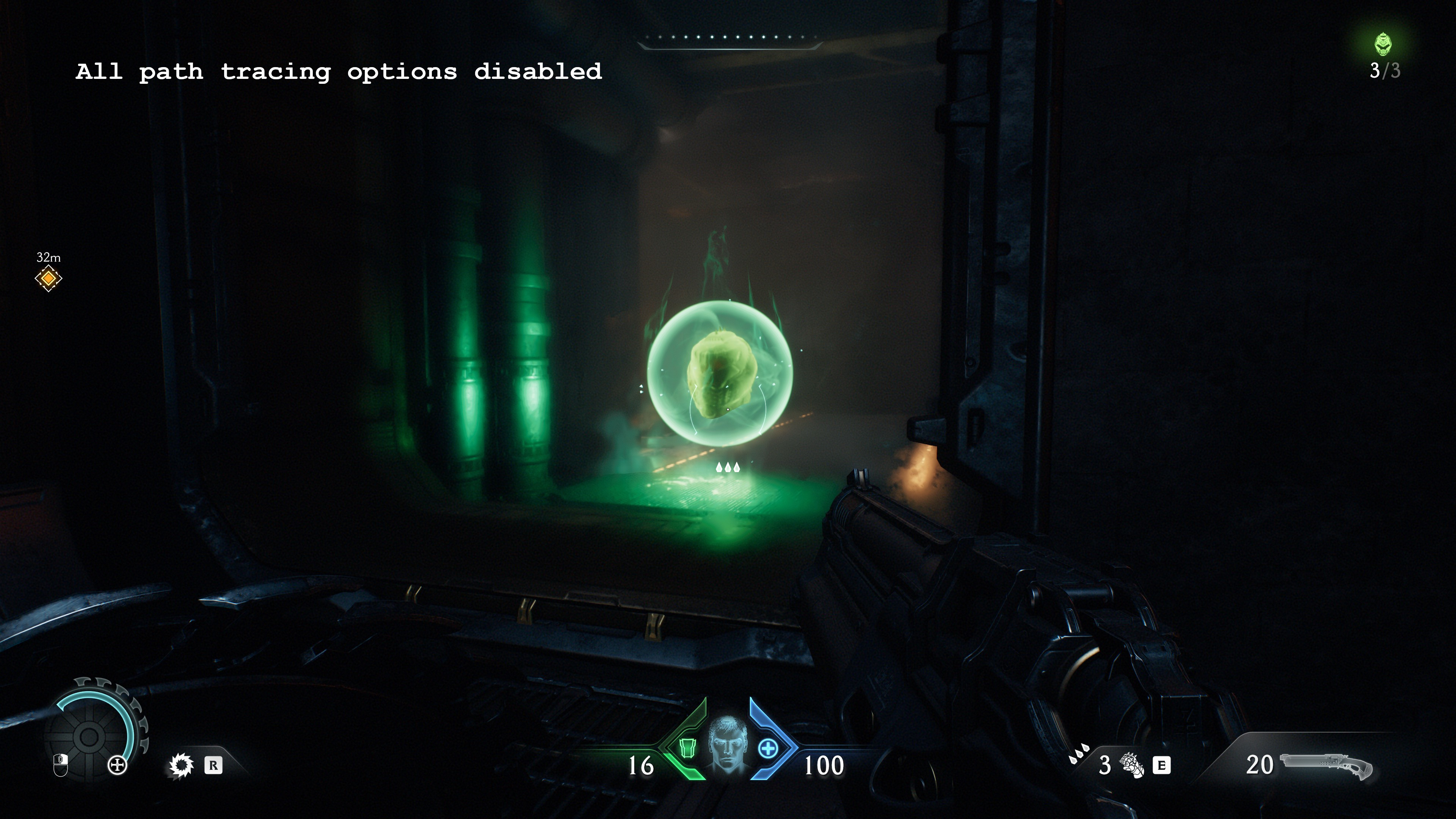A screenshot of the PC version of Doom: The Dark Ages, showing the visual impact of using standard ray tracing