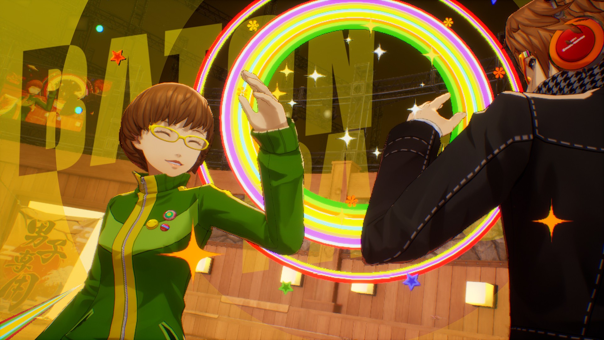 Chie and Yosuke high five as they perform a baton pass in battle in Persona 4 Revival