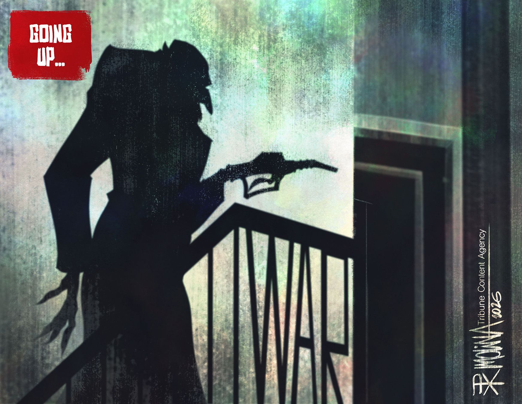 
                                This cartoon is titled “Going Up…” It depicts the shadow of an evil, vampire-like creature with a gas pump as a hand. The staircase it climbs has spindles that spell out “WAR.”
                            