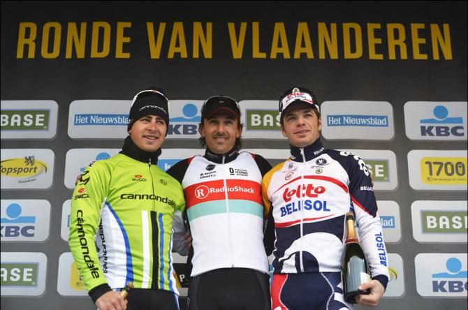 2013 Tour of Flanders podium (L-R): Peter Sagan (Cannondale); Fabian Cancellara (RadioShack Leopard); Jurgen Roelandts (Lotto Belisol)