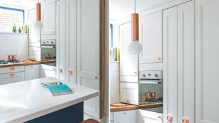 small kitchen storage idea showing extra storage built around a freestanding fridge