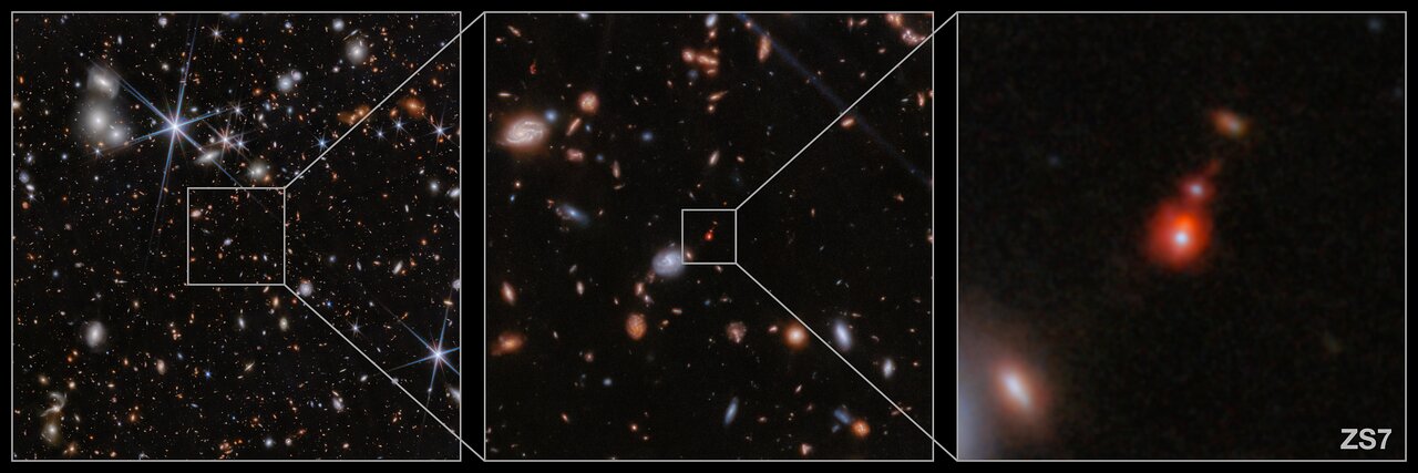 This image shows the location of the galaxy system ZS7 as seen through the James Webb Space Telescope.