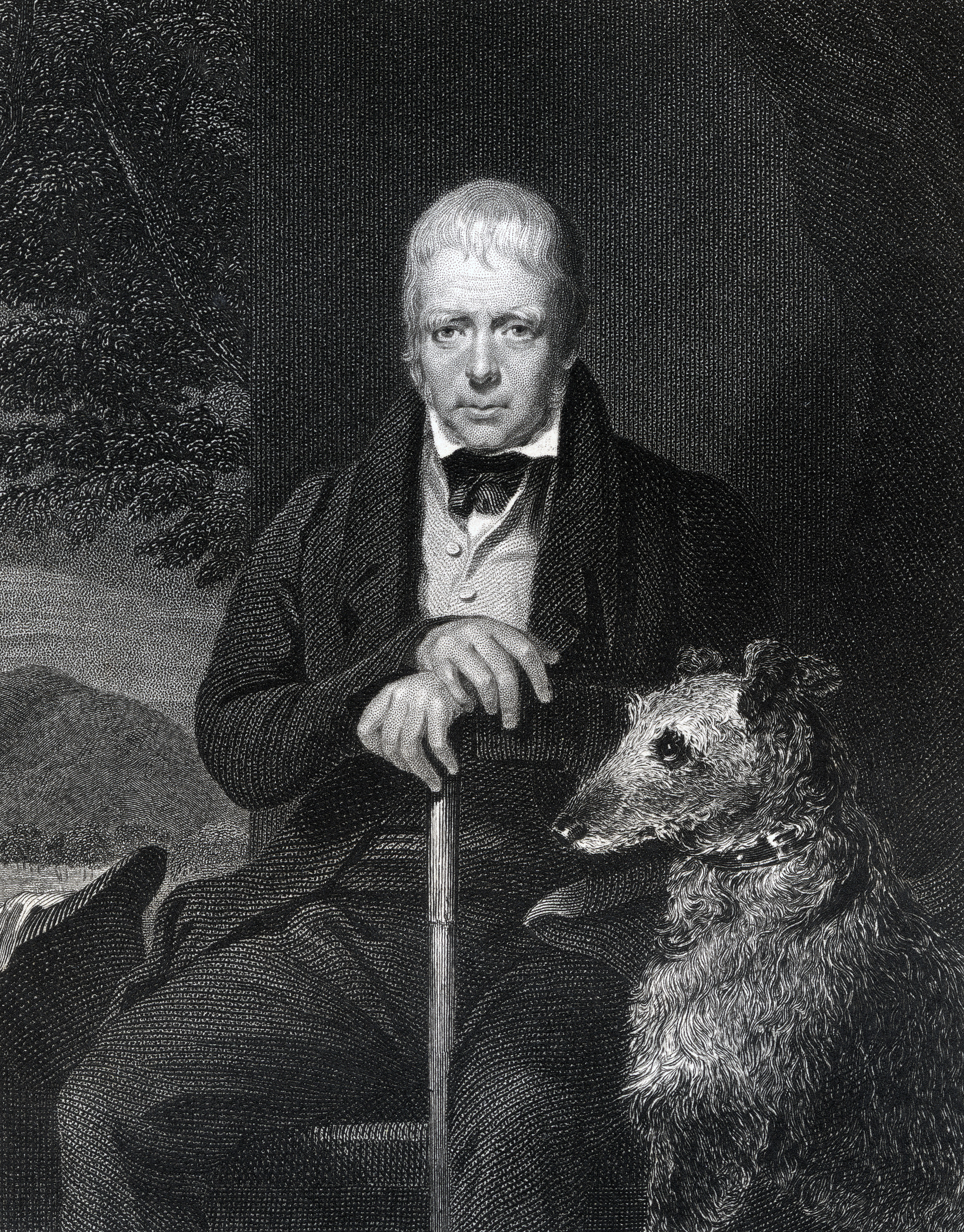 Sir Walter Scott (1771&amp;ndash;1832), Scottish novelist, poet, historian and biographer, seated with a walking stick and his dog at his side; engraved by W. Holl after J. W. Gordon, published in The National Portrait Gallery, Volume I, circa 1820.