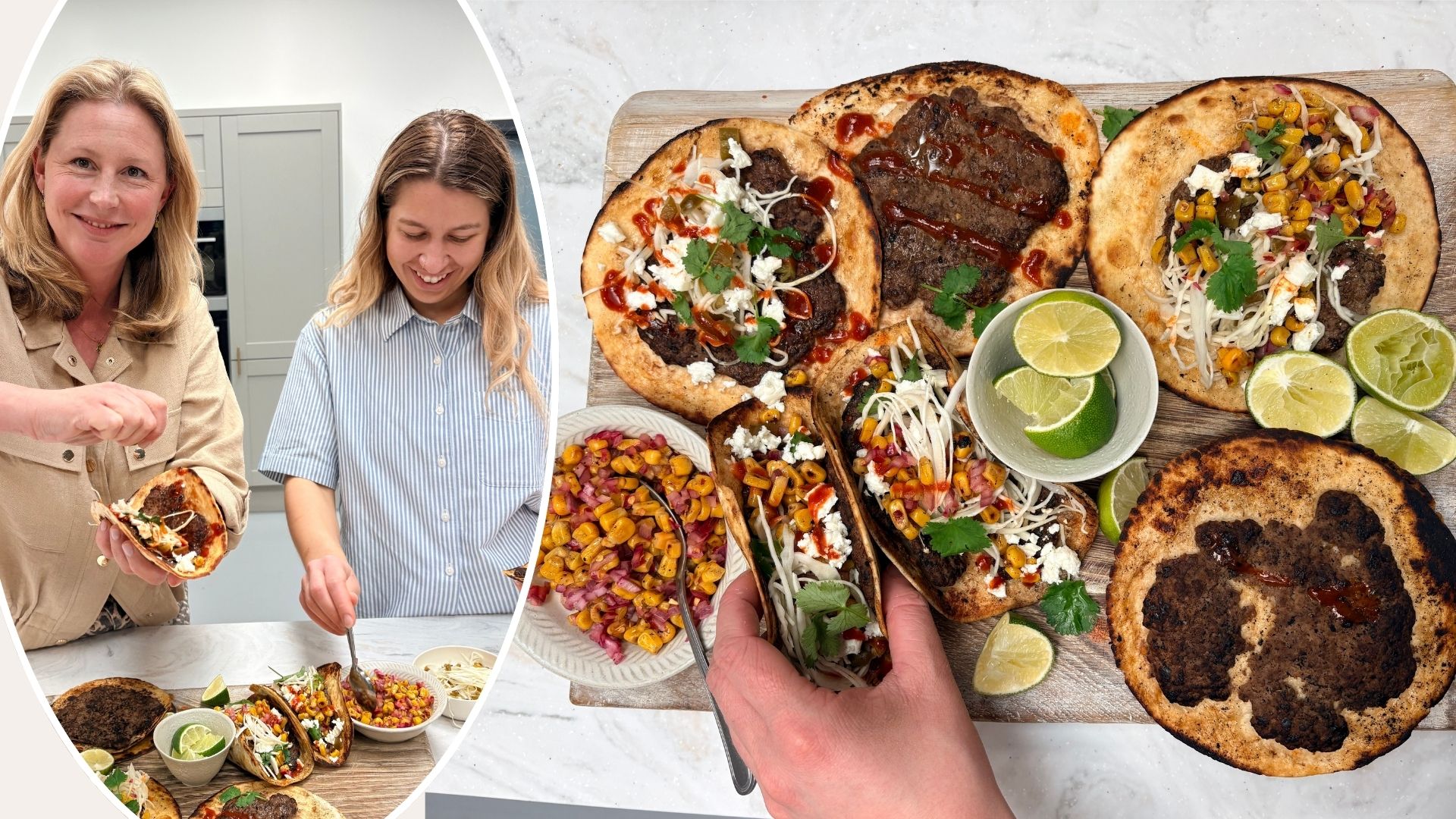 Food director Jen Bedloe and Food Writer Johanna Mentel cooking smashed taco recipe