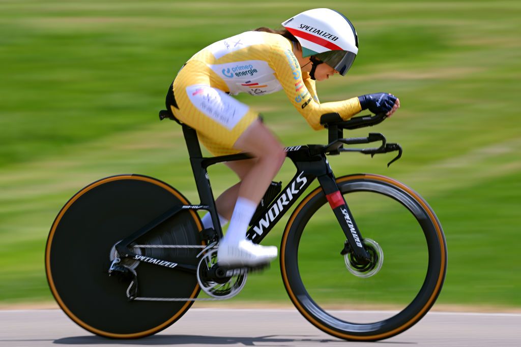 ABTWILL SWITZERLAND JUNE 18 Kata Blanka Vas of Hungary and Team SD Worx Yellow leader jersey sprints during the 3rd Tour de Suisse Women 2023 Stage 2 a 257km individual time trial from St Gallen to Abtwil UCIWWT on June 18 2023 in Abtwil Switzerland Photo by Dario BelingheriGetty Images