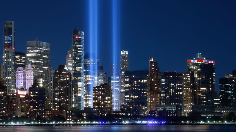 The annual Tribute in Light that will mark the 20th anniversary of the attacks on the World Trade Center is tested in New York City on September 3, 2021 as seen from Jersey City, New Jersey.