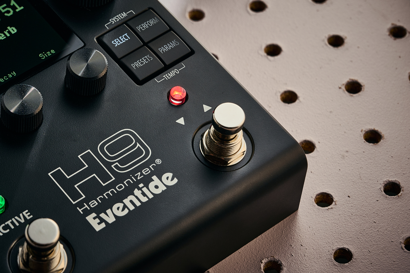 Close up of a footswitch on the Eventide H9 Harmonizer Gen 2 multi-effects pedal