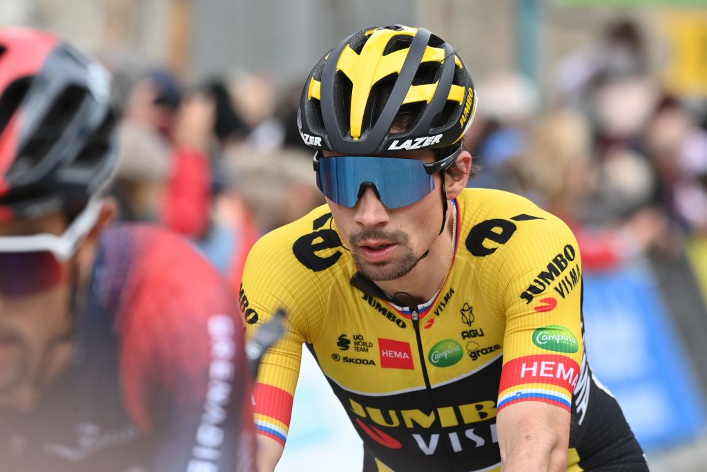 Slovenian Primoz Roglic of JumboVisma crosses the finish line of the fifth stage of 80th edition of the ParisNice cycling race from SaintJustSaintRambert to SaintSauveurdeMontagut 1888 km in France Thursday 10 March 2022BELGA PHOTO DAVID STOCKMAN Photo by DAVID STOCKMANBELGA MAGAFP via Getty Images