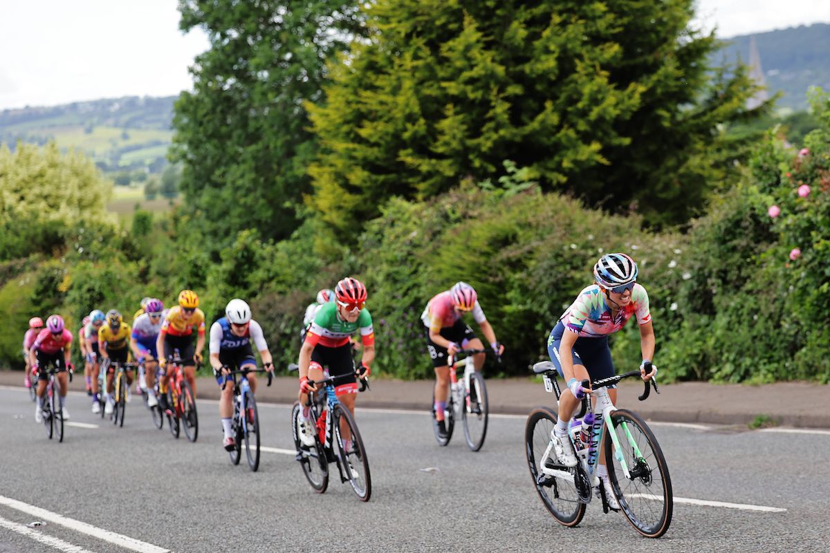 Picture by Alex Whitehead/SWpix.com - 08/06/2022 - Cycling - The Women&acirc;s Tour 2022 - Stage Three - Tewkesbury to Gloucester, England - FAULKNER Kristen Faulkner of Team BikeExchange Jayco with Elisa Longo Borghini of Team Trek Segafredo chasing