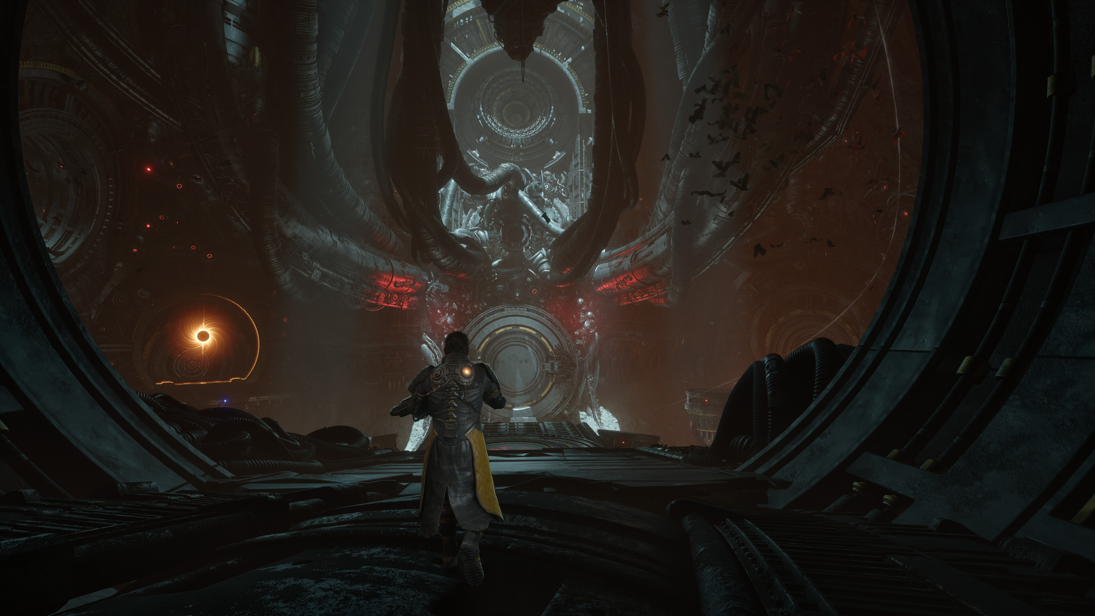 Saros' playable character walks through an alien environment.