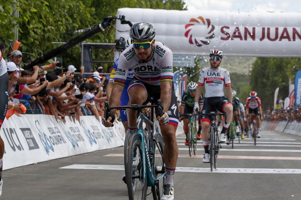 Peter Sagan cross the line at the end of stage 4 in San Juan