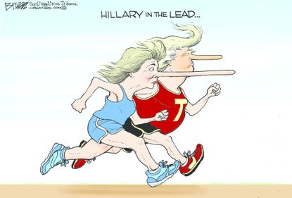 Political cartoon U.S. 2016 election Donald Trump Hillary Clinton lead pinocchio