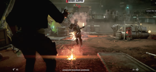 a screenshot from the Star Wars: Outlaws game footage trailer with Kay shooting an enemy