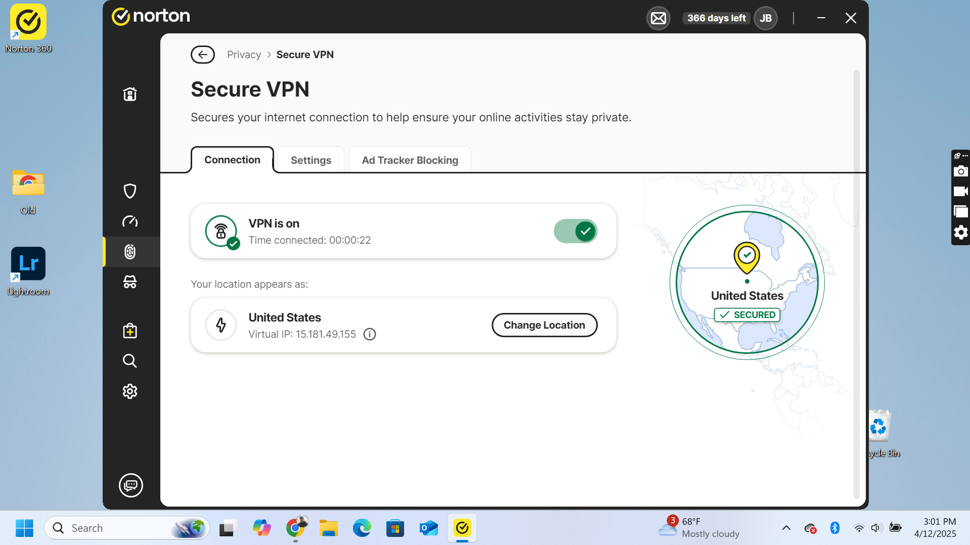 A screenshot of the Norton 360 Deluxe VPN interface.