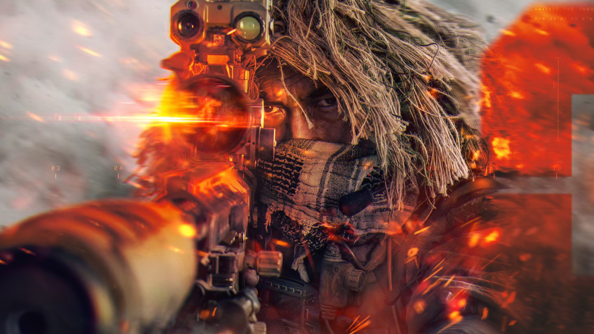 A recon in Battlefield 6 looks down their sniper rifle at a foe.