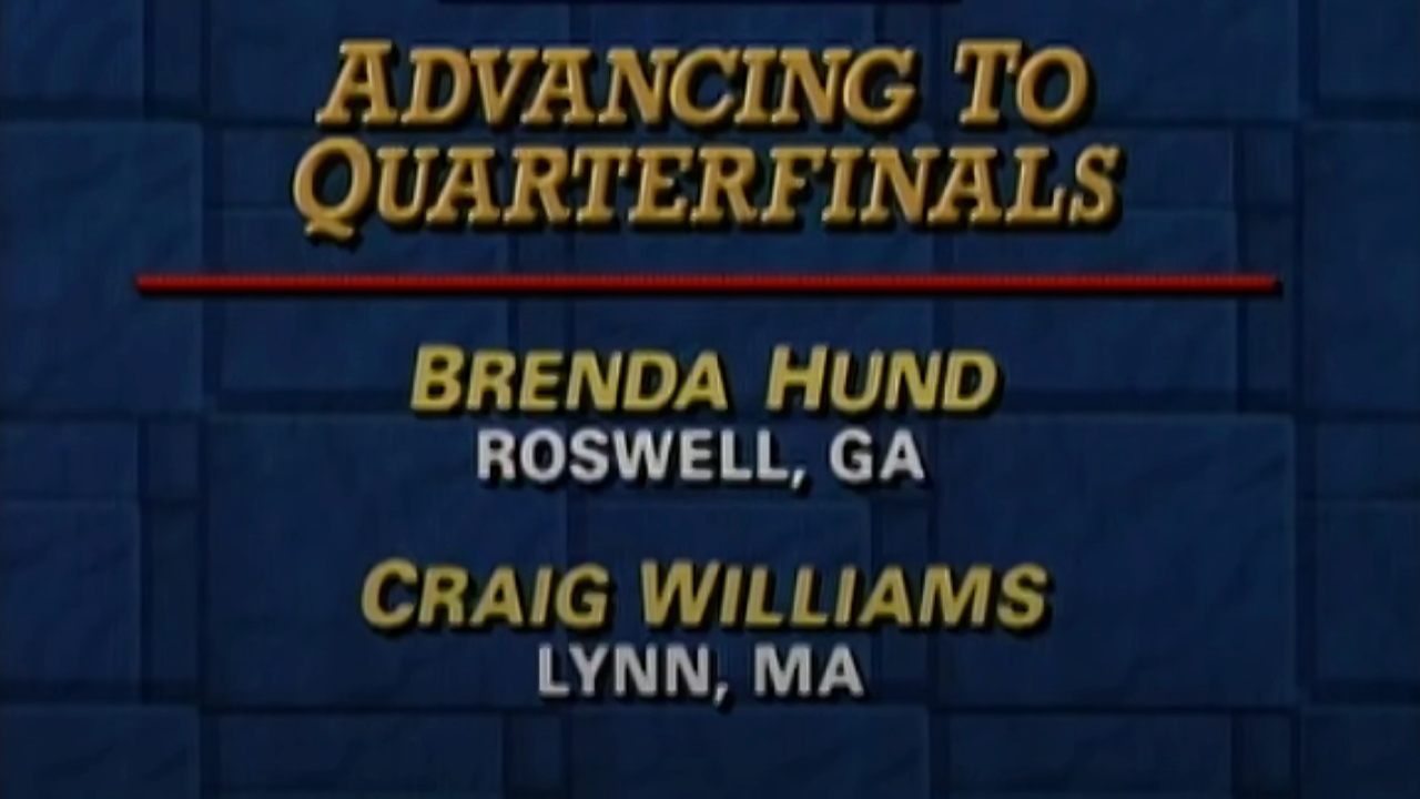 The quarterfinals results screen from American Gladiators S1 E1.