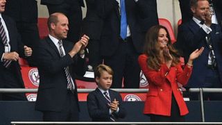 topshot l to r prince william, duke of cambridge, prince george of cambridge, and catherine, duchess of cambridge, celebrate the first goal in the uefa euro 2020 round of 16 football match between england and germany at wembley stadium in london on june 29, 2021 photo by justin tallis pool afp photo by justin tallispoolafp via getty images