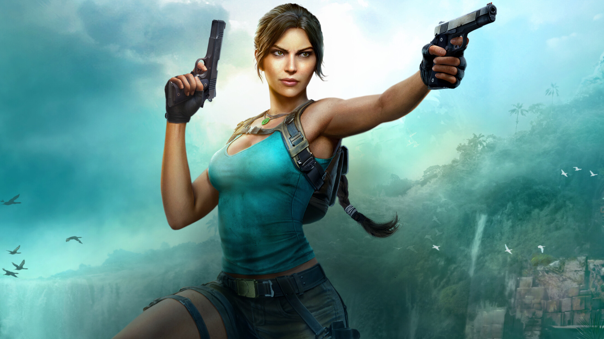 A crop of Tomb Raider: Legacy of Atlantis key art showing Lara Croft wielding two pistols against a jungle backdrop