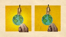 Photo collage of two light fixtures, with tiny Earth illustrations replacing the bulbs. The first one glows, and the second is darkened.