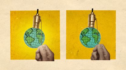 Photo collage of two light fixtures, with tiny Earth illustrations replacing the bulbs. The first one glows, and the second is darkened.