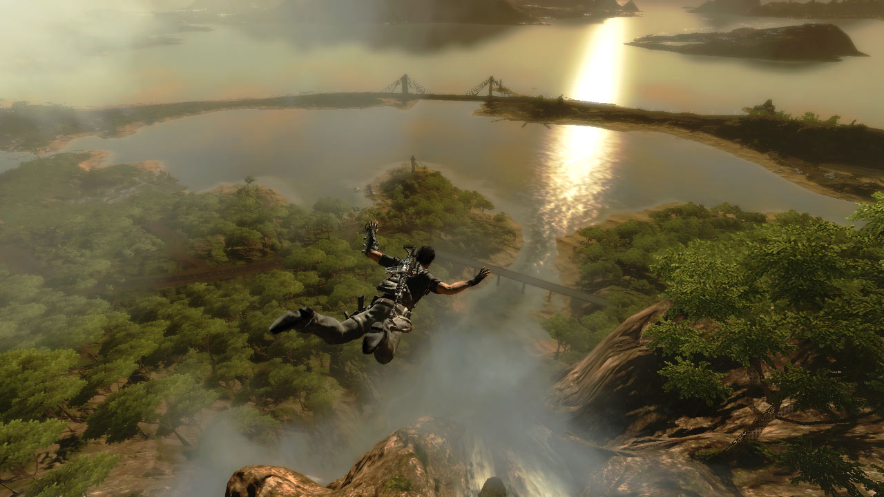 Just Cause 2 - Rico skydives above a jungle and a river