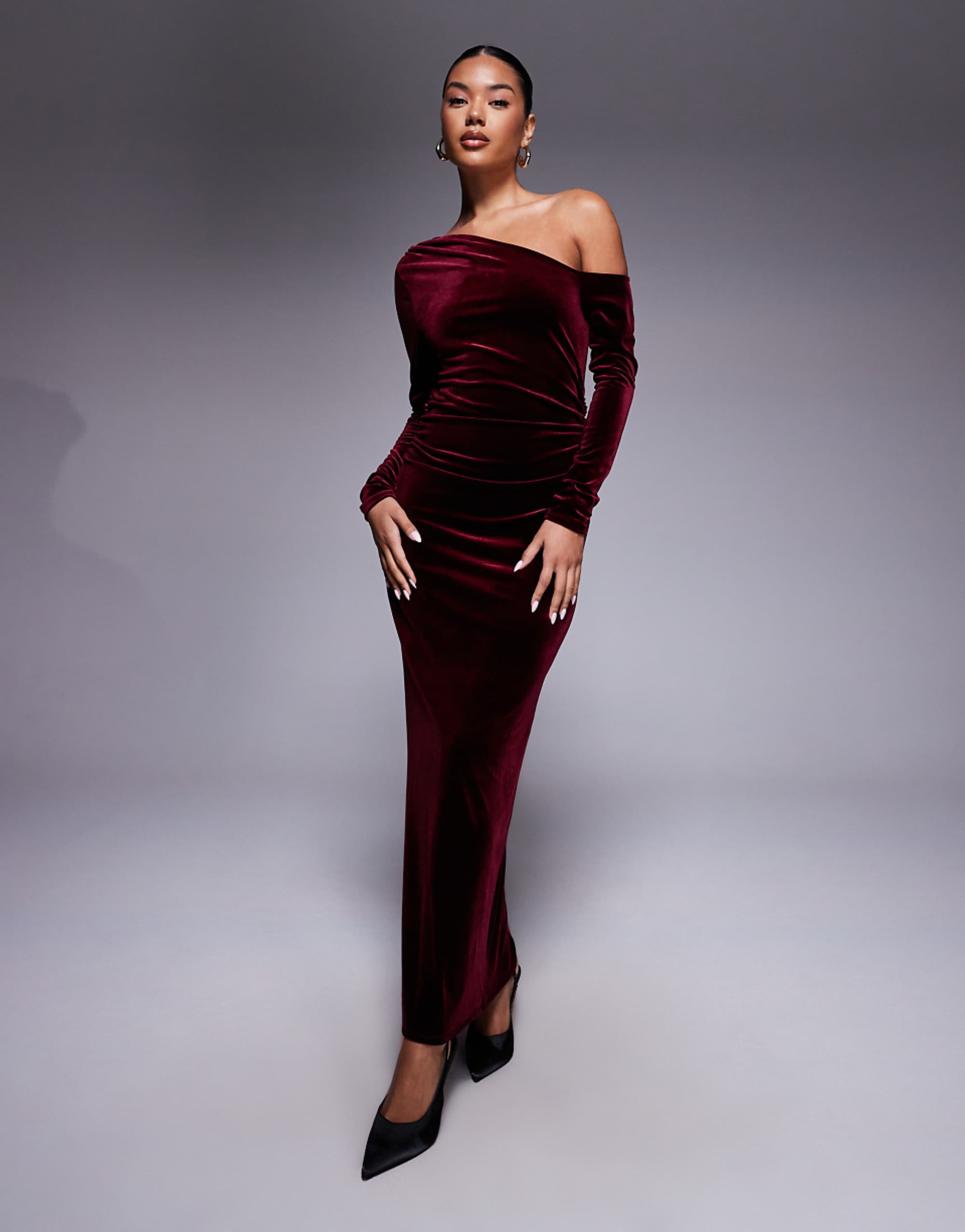 Asos Design Velvet Long Sleeve Fallen Shoulder Maxi Dress in Burgundy