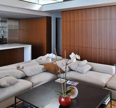At Cascade House Wood panelling in the living area