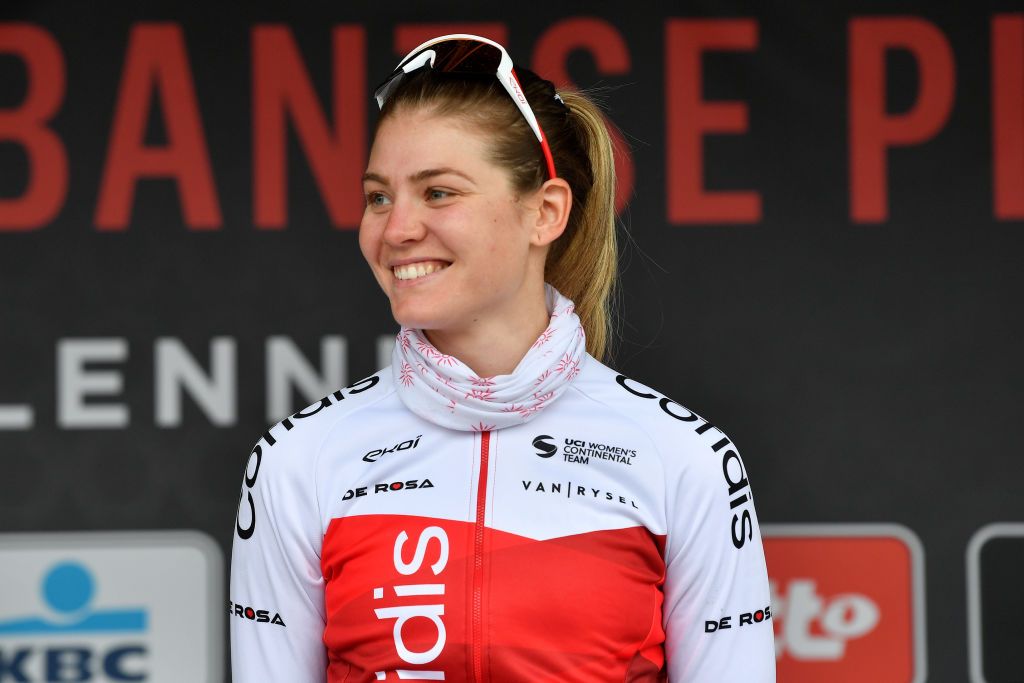 OVERIJSE BELGIUM APRIL 13 Martina Alzini of Italy and Team Cofidis Fminin during team presentation prior to the 7th De Brabantse Pijl La Flche Brabanonne 2022 Womens Elite a 1412km one day race from SintPietersLeeuw to Overijse BP22 BPWomen on April 13 2022 in Overijse Belgium Photo by Luc ClaessenGetty Images