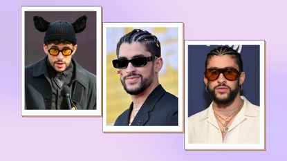 Bad Bunny's sunglasses: Bad Bunny pictured in a 3-picture, purple template wearing yellow lens, black and dark orange aviator style sunglasses