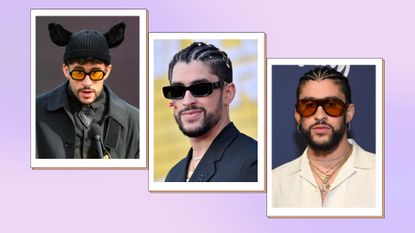 Bad Bunny&#039;s sunglasses: Bad Bunny pictured in a 3-picture, purple template wearing yellow lens, black and dark orange aviator style sunglasses