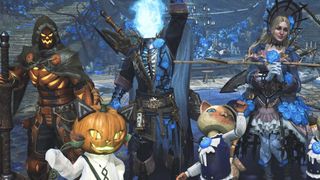Hunters and Palicos pose side by side wearing Halloween-themed outfits