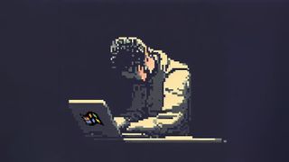 Sad man on a laptop pixel art style